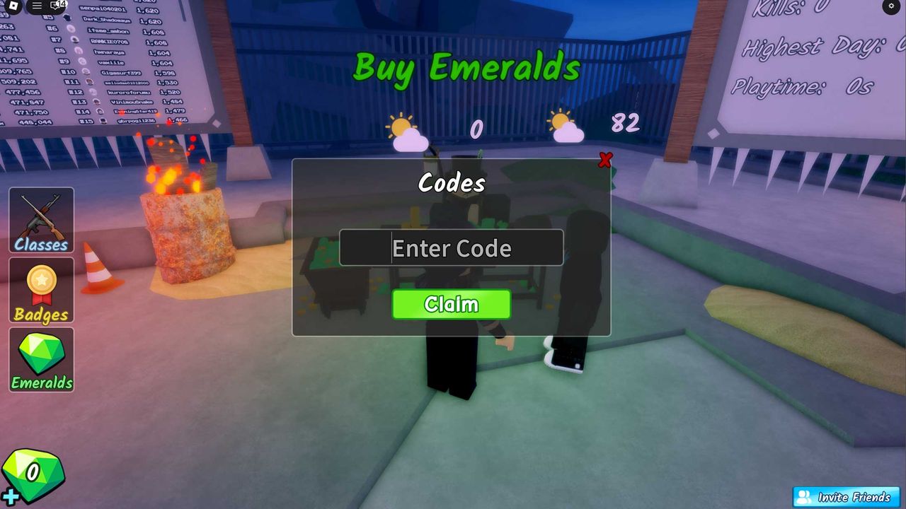 The menu for redeeming codes in Survive the Apocalypse