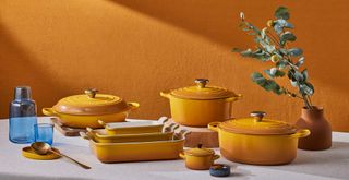 yellow dining room set up with new Le Creuset colour Nectar