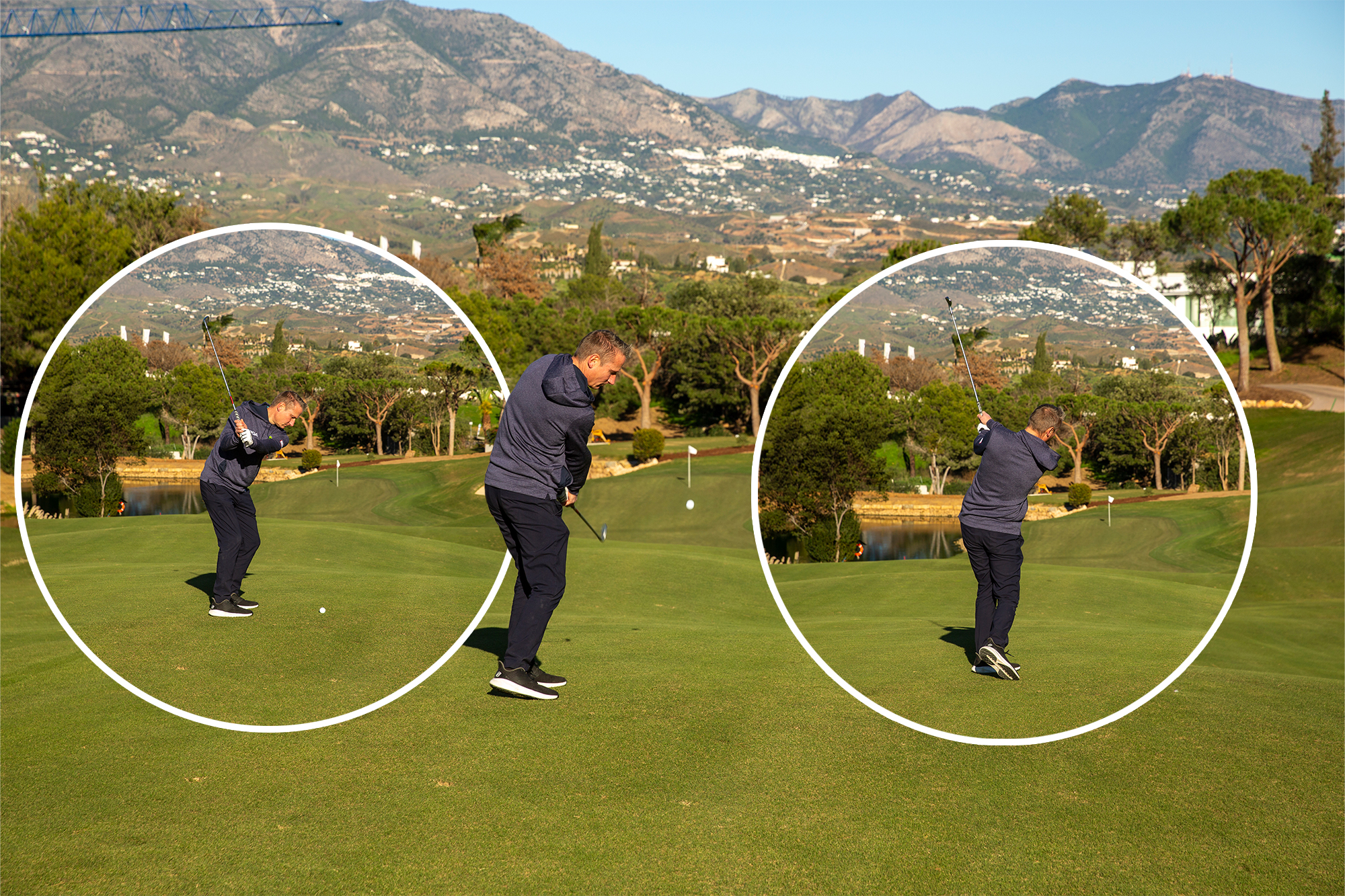 Anders Mankert at the top of backswing, just past impact and in the finish position with an 8-iron from 130-140 yards (the scoring zone)