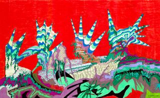 Multi-coloured drawing with red background entitled 'Crazy City' by Peter Cook