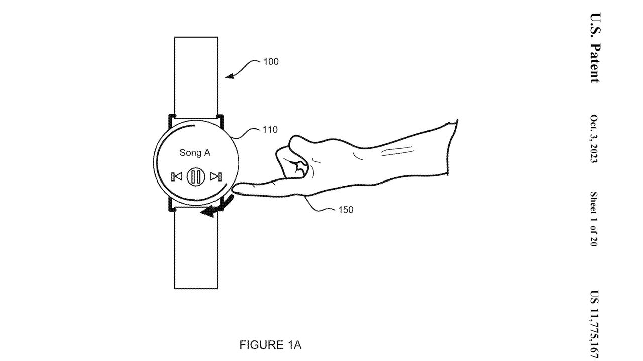 Patent showing a Google concept for a capacitive touch bezel around a Pixel Watch. In this image, a finger slides alongside the edge to change the volume.