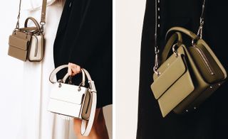 Two images, Left- Model holding a white handbag while wearing a light brown one, Right- Model wearing a light green handbag