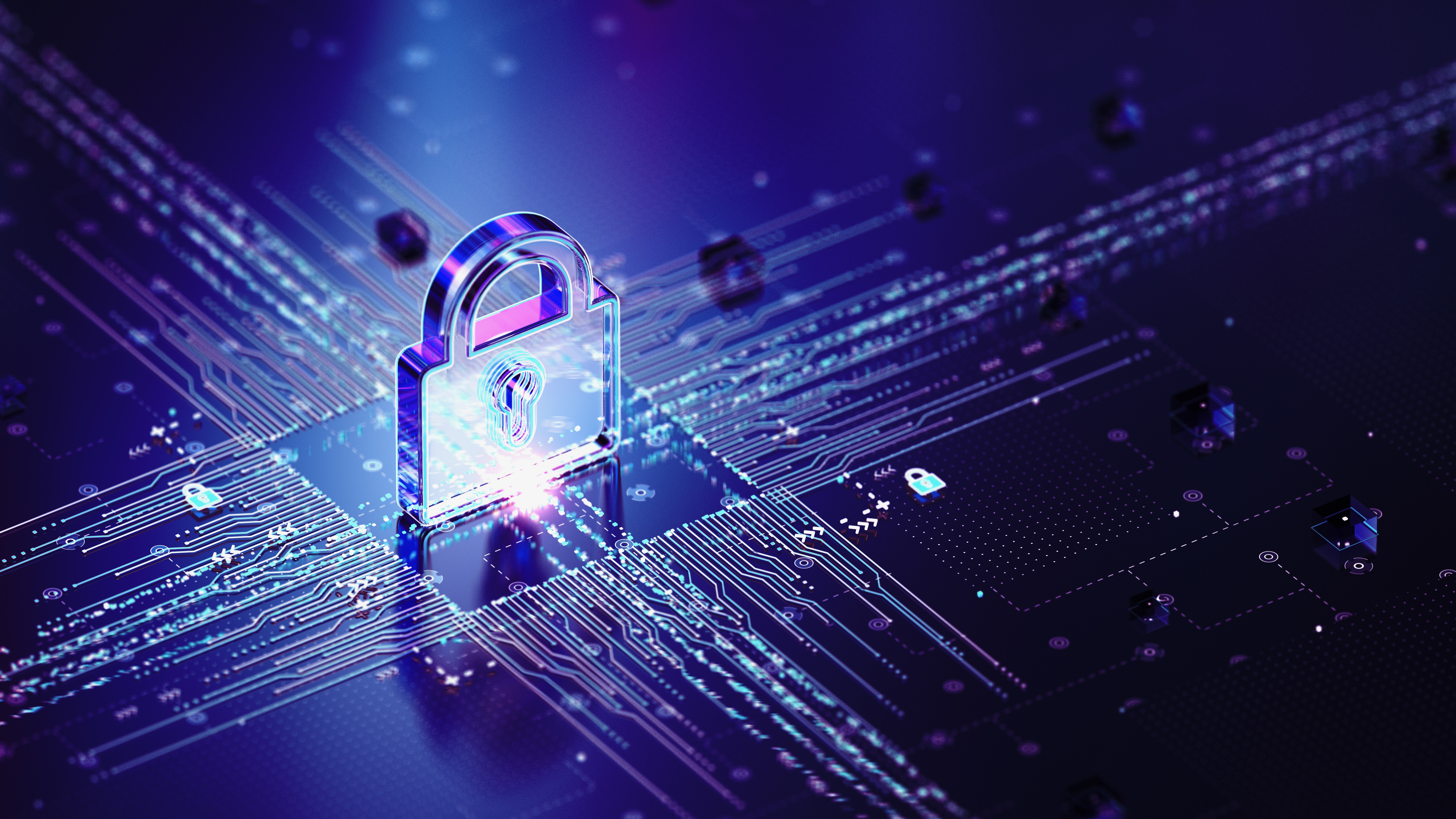 A CGI padlock on a blue cyber background