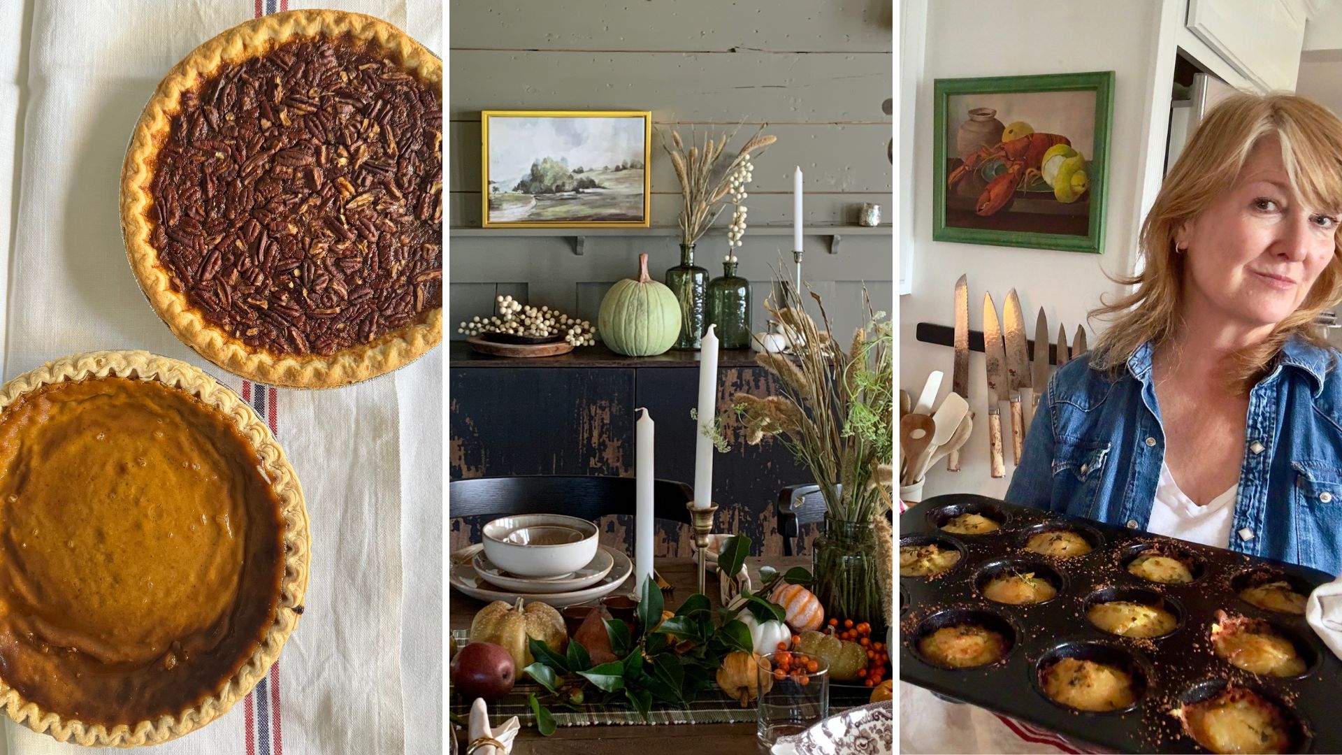 Pumpkin pies; thanksgiving table; Anna Last with potatoes in a baking tray