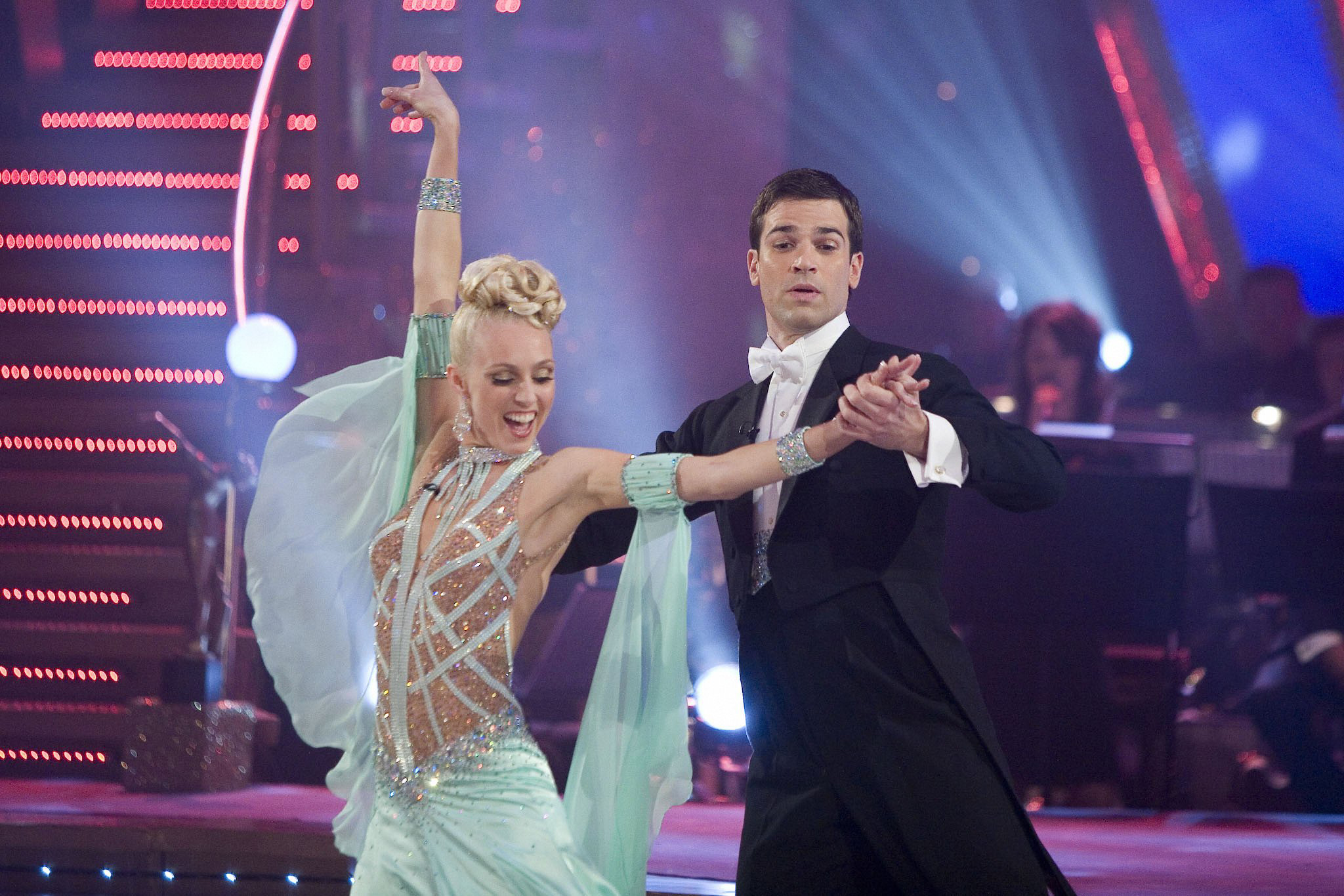 Camilla Dallerup and Gethin Jones performing a ballroom routine in hold on Strictly Come Dancing