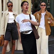 fashion collage featuring three influencers including Sylvie Mus, Mimi Nguyen, and Johanna Lager wearing chic white t-shirt outfit ideas for 2025