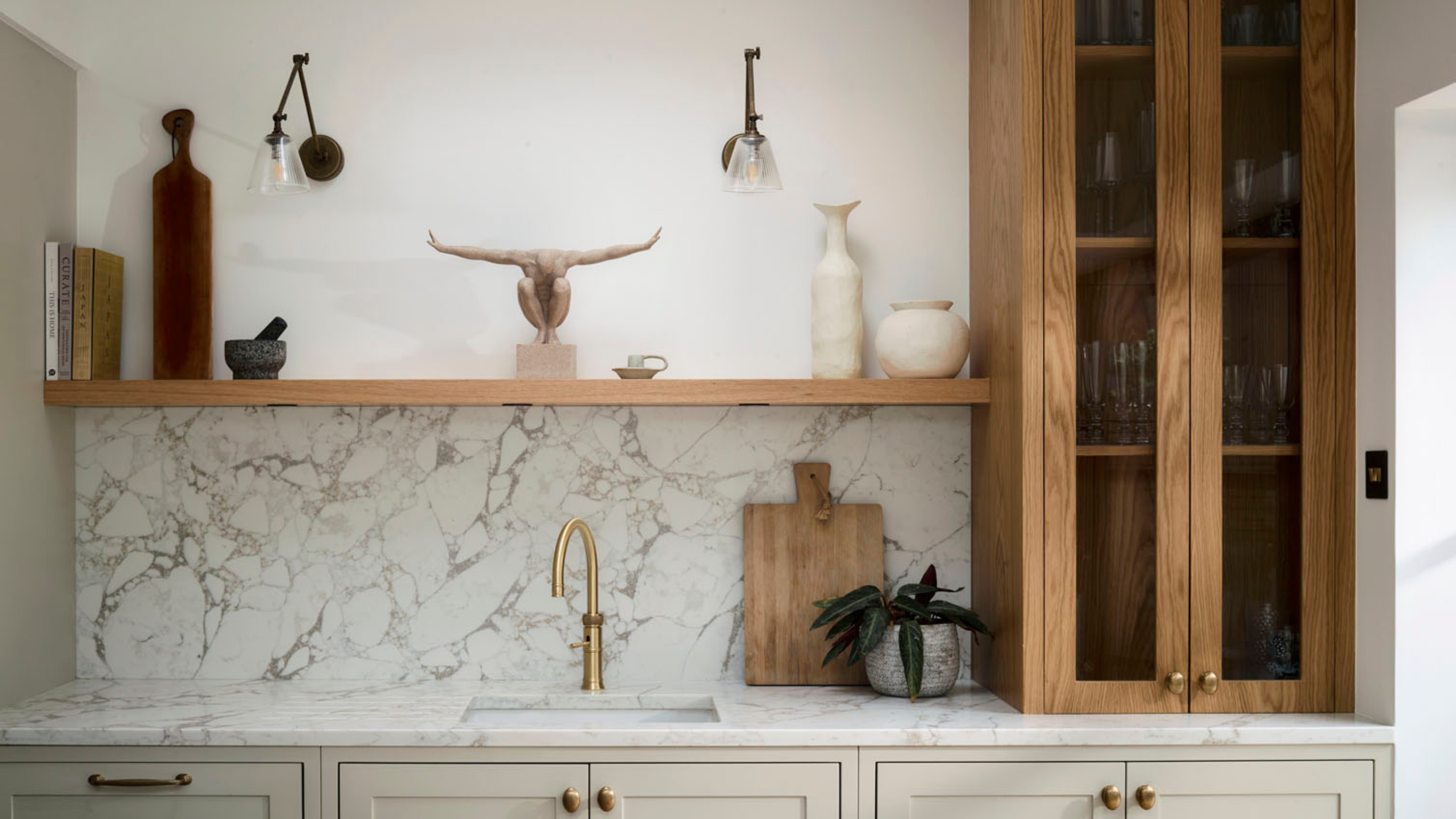 chic modern kitchen with marble splashback and wooden cabinet and open shelving