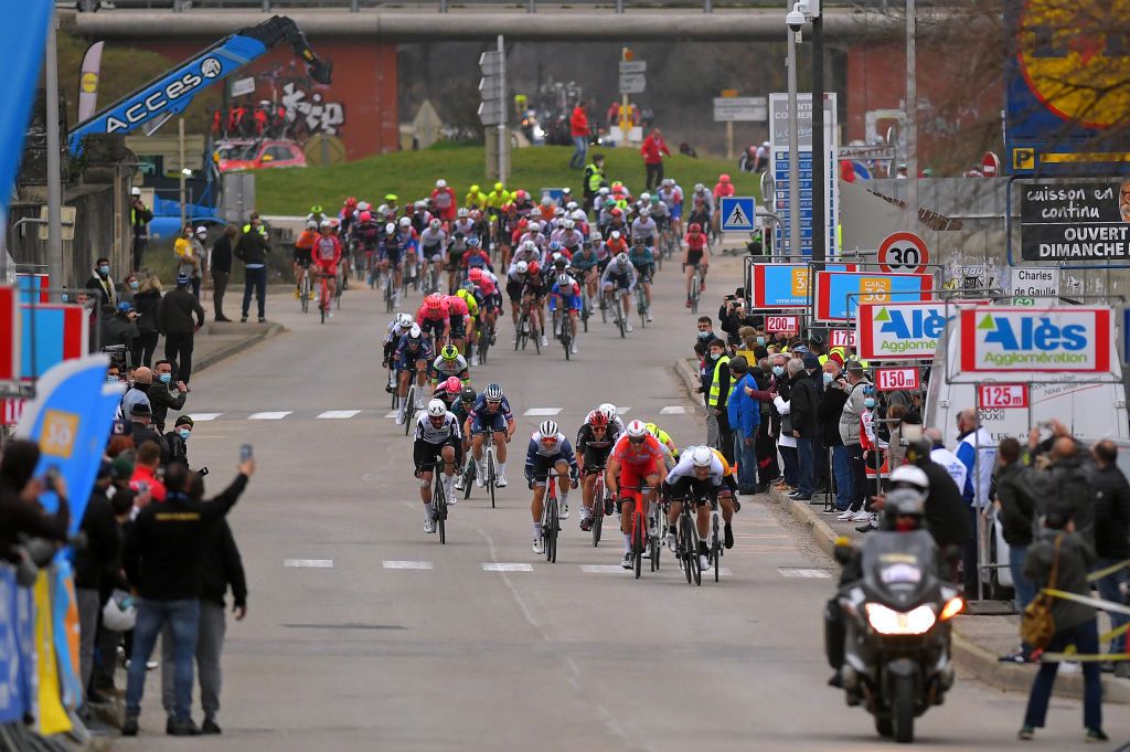 LA CALMETTE FRANCE FEBRUARY 04 Arrival Timothy Dupont Belgium and Team Bingoal WB Pierre Barbier of France and Team DELKO Giacomo Nizzolo of Italy and Team Qhubeka ASSOS Rudy Barbier of France and Team Israel StartUp Nation Christophe Laporte of France and Team Cofidis Solutions Credits Leader Jersey during the 51st toile de Bessges Tour du Gard 2021 Stage 2 a 154km stage from SaintGenis to La Calmette Sprint Public Fans Landscape EDB2020 on February 04 2021 in La Calmette France Photo by Luc ClaessenGetty Images