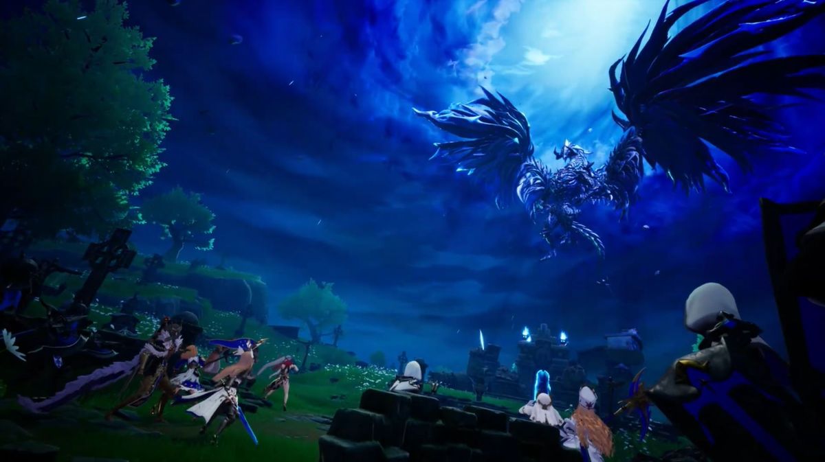 Screenshot of Dragon Sword, showing a group of characters staring up at an imposing dragon floating against a moonlit sky.