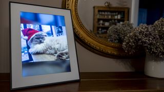 Aura Walden photo frame with cat image on sideboard with various household objects