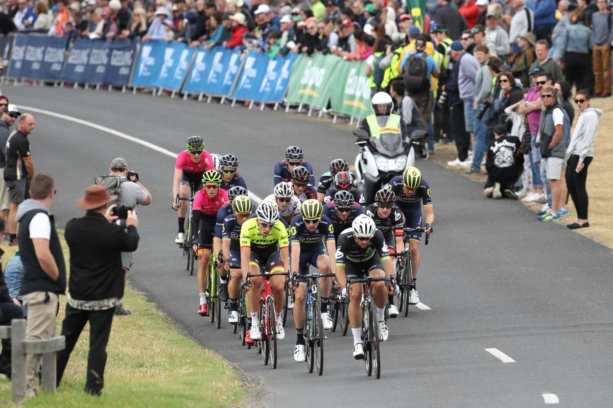 Nathan Haas leads the reduced peloton
