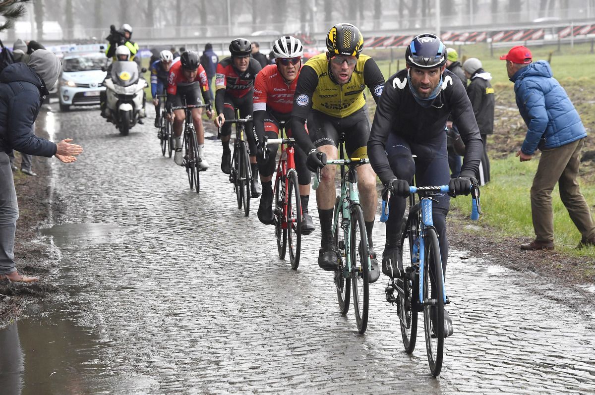 Alejandro Valverde (Movistar) leads the front group over a cobbled sector