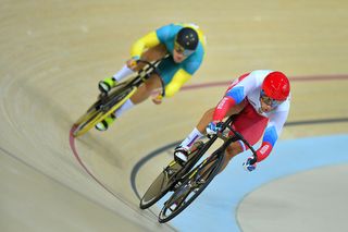 Denis Dmitriev (Russia) leads Matthew Glaetzer (Australia) during the ride off for bronze