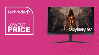 The Samsung Odyssey G70B monitor on a pink background with white lowest ever price text