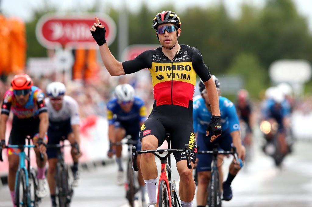 GATESHEAD ENGLAND SEPTEMBER 10 Wout Van Aert of Belgium and Team Jumbo Visma celebrates winning during the 17th Tour of Britain 2021 Stage 6 a 198km stage from Carlisle to Gateshead TourofBritain TourofBritain on September 10 2021 in Gateshead England Photo by Alex LiveseyGetty Images