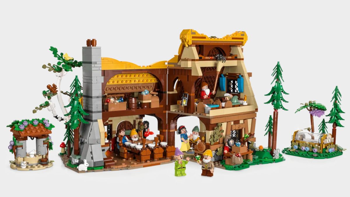 Lego Snow White and the Seven Dwarfs' Cottage set on a plain background