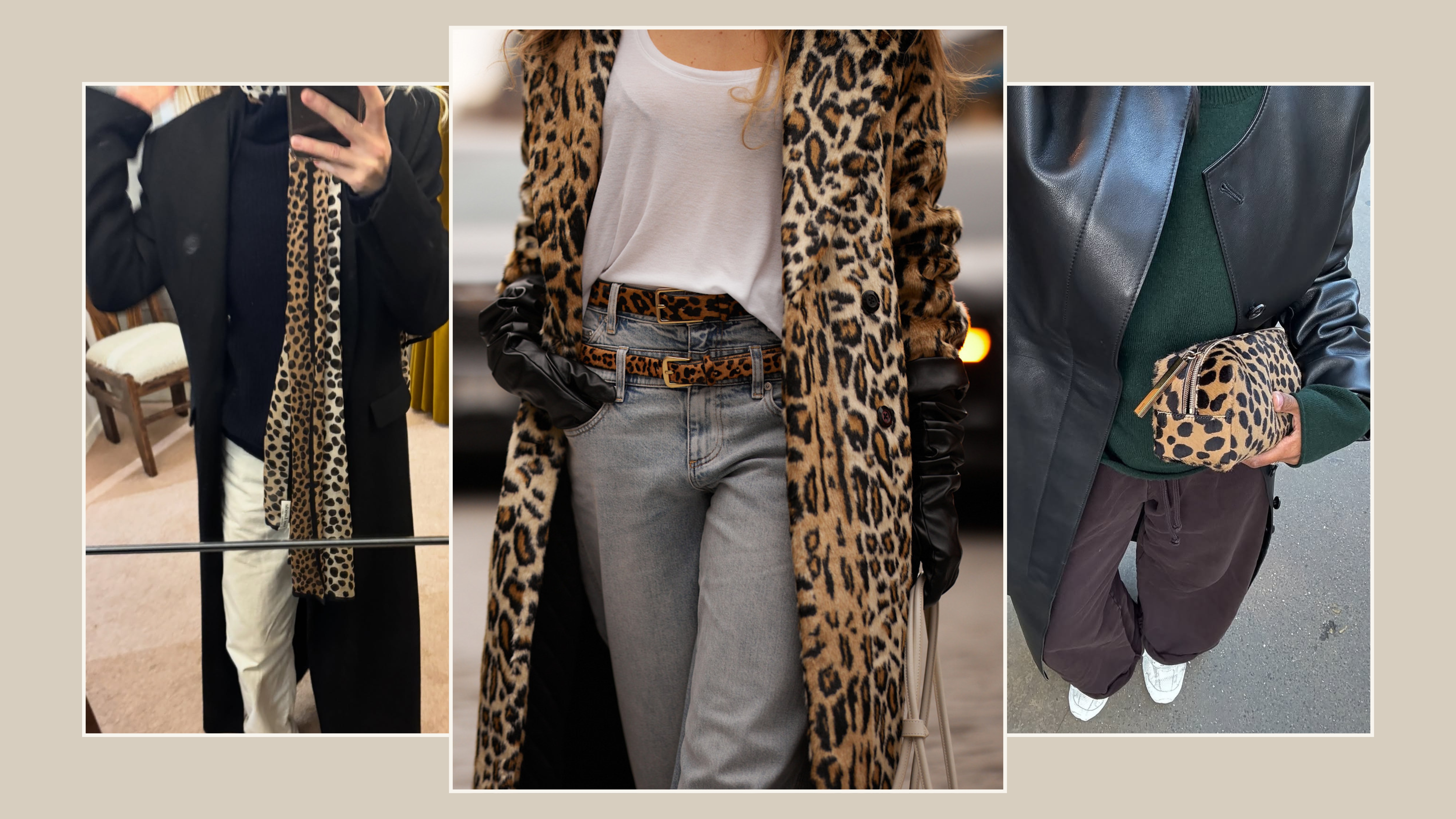A collage of women wearing leopard-print accessories.