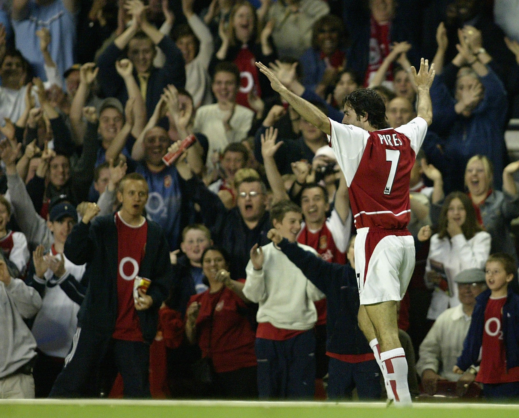 Robert Pires celebrates after scoring his third goal for Arsenal against Southampton at Highbury in May 2003.