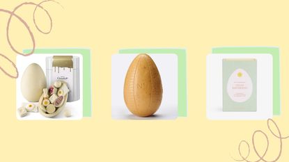 A composite image of three white chocolate Easter eggs on sale in 2022