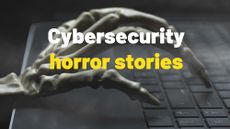 A skeletal hand typing on a keyboard with "Cybersecurity horror stories" superimposed on it