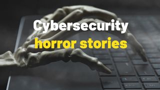 A skeletal hand typing on a keyboard with &quot;Cybersecurity horror stories&quot; superimposed on it