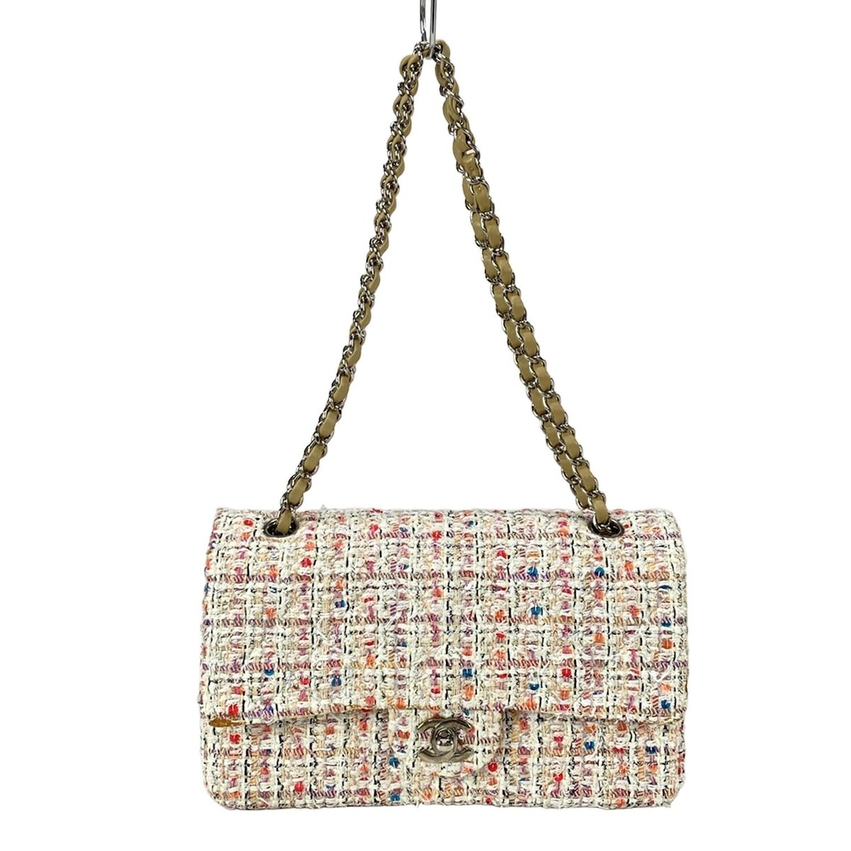 Auth Chanel Double Flap Matelasse A01112 White Pink Multi Tweeds Shoulder Bag