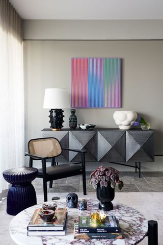 a living room with modern sideboard