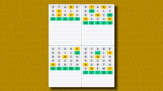 Quordle daily sequence answers for game 895 on a yellow background