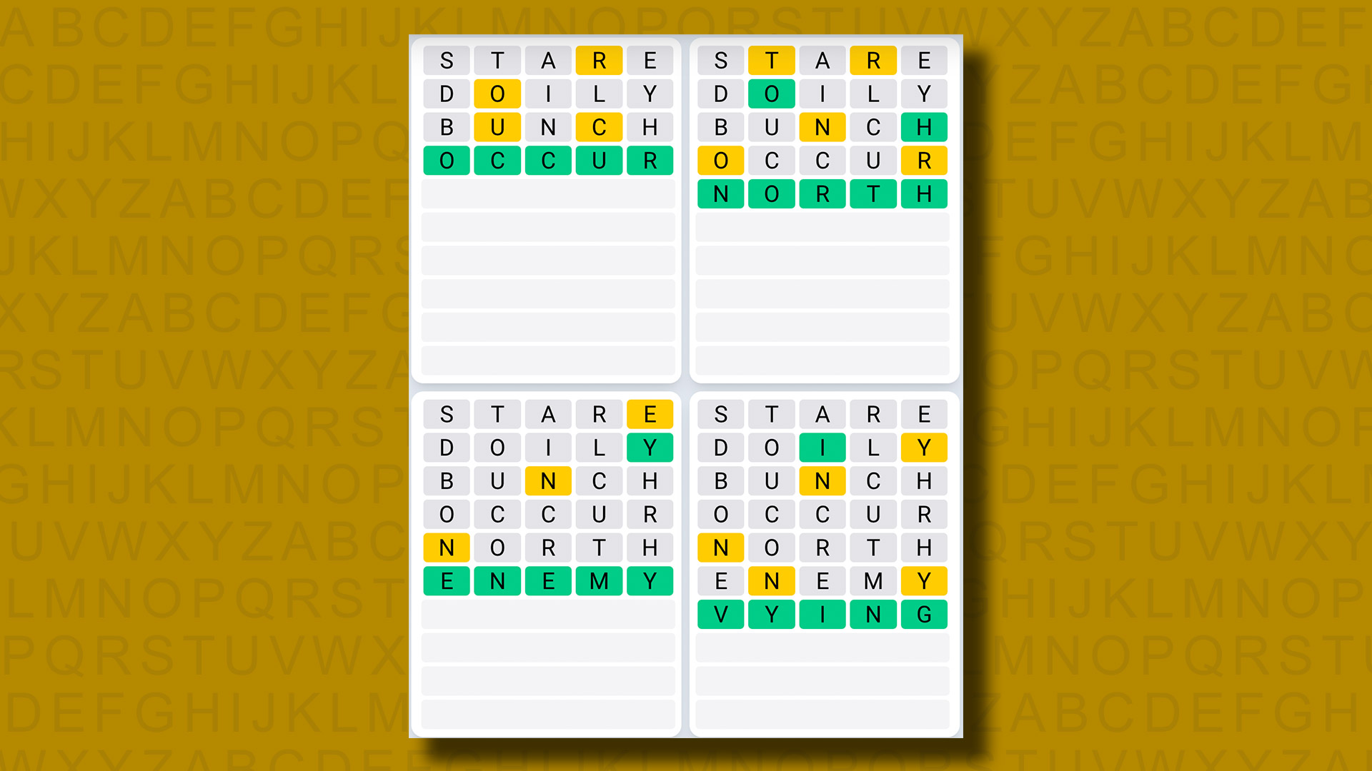 Quordle daily sequence answers for game 895 on a yellow background