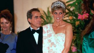 BRASILIA, BRAZIL - APRIL 23: Diana, Princess Of Wales, Attending A Banquet At The Itamarati Palace, The President Of Brazil's Official Residence. The Princess Is Wearing And Ivory And Pink Silk Crepe One-sleeved Evening Dress Designed By Catherine Walker.