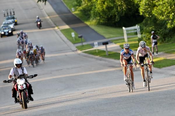 Amber Neben (HTC-Highroad) and Lauren Tamayo (Peanut Butter &amp; Co) get a little gap on the main group.