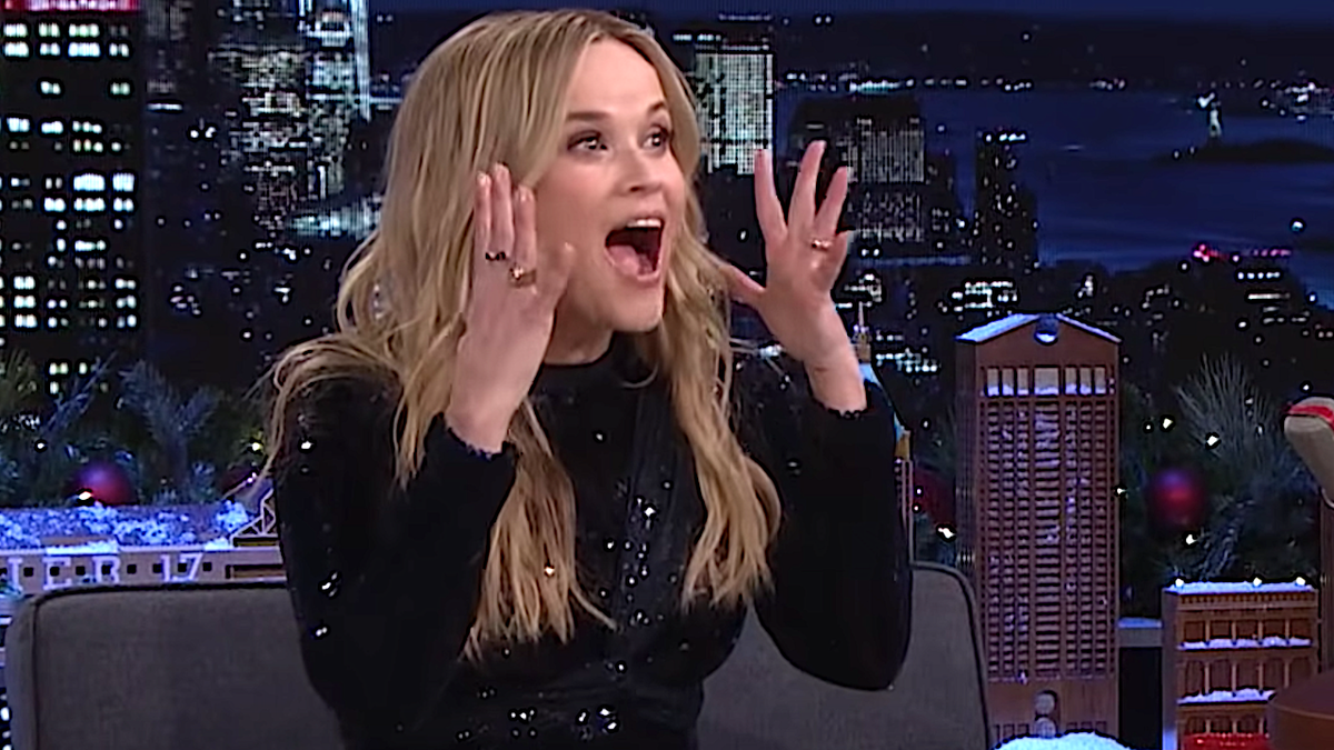 Reese Witherspoon looks excited on The Late Show with Jimmy Fallon.