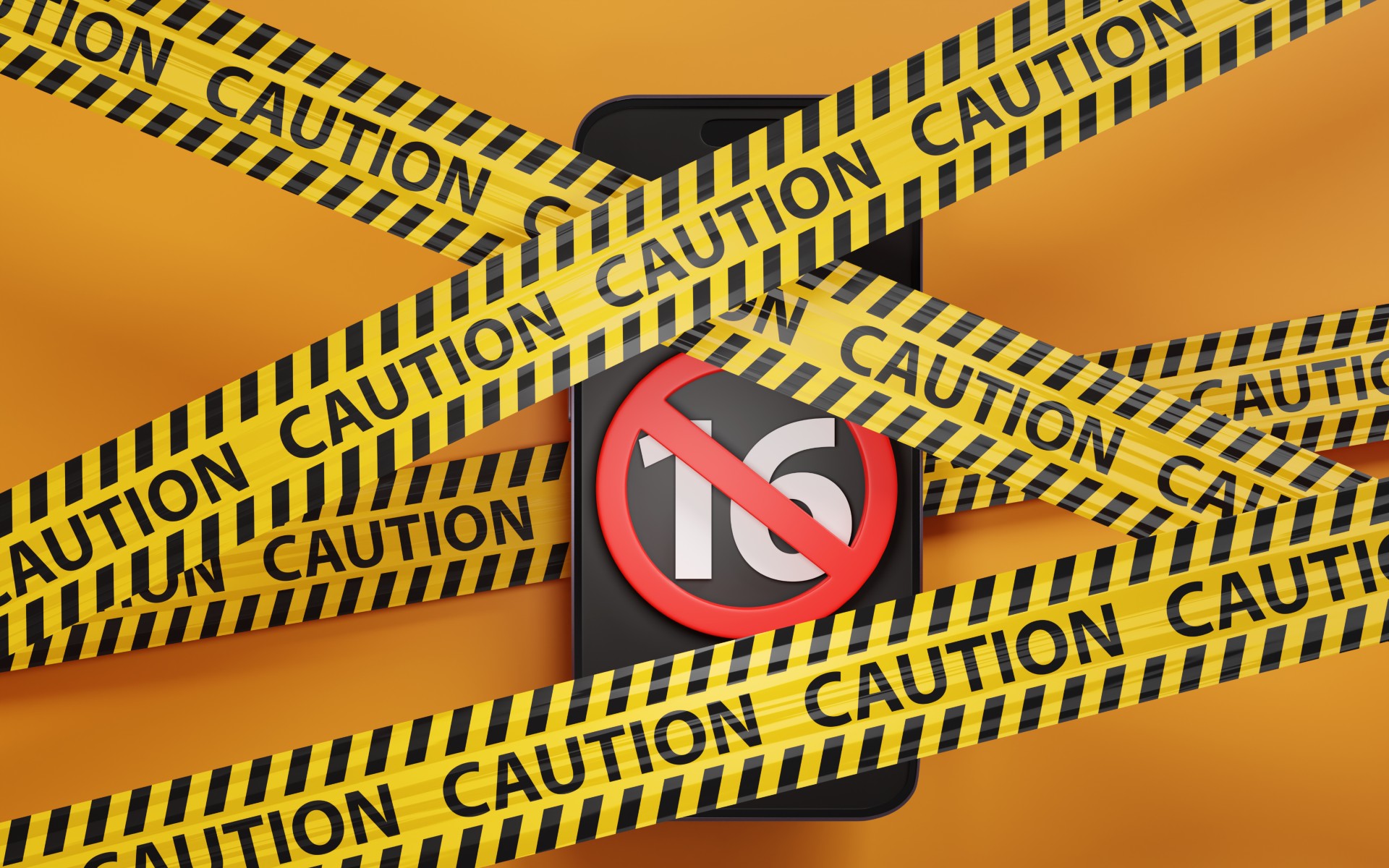 Mobile phone showing the number 16 and a red forbidden sign trapped between barrier tapes