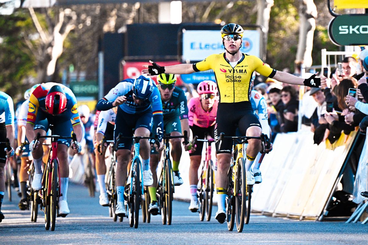 Dutch Olav Kooij of Team Visma-Lease a Bike wins the sprint ahead of Danish Mads Pedersen of Lidl-Trek and German Pascal Ackermann of Israel-Premier Tech in the fifth stage of the Paris-Nice eight days cycling stage race, 193,5km from Saint-Sauveur-de-Montagut to Sisteron, France, Thursday 07 March 2024.
BELGA PHOTO JASPER JACOBS (Photo by JASPER JACOBS / BELGA MAG / Belga via AFP)