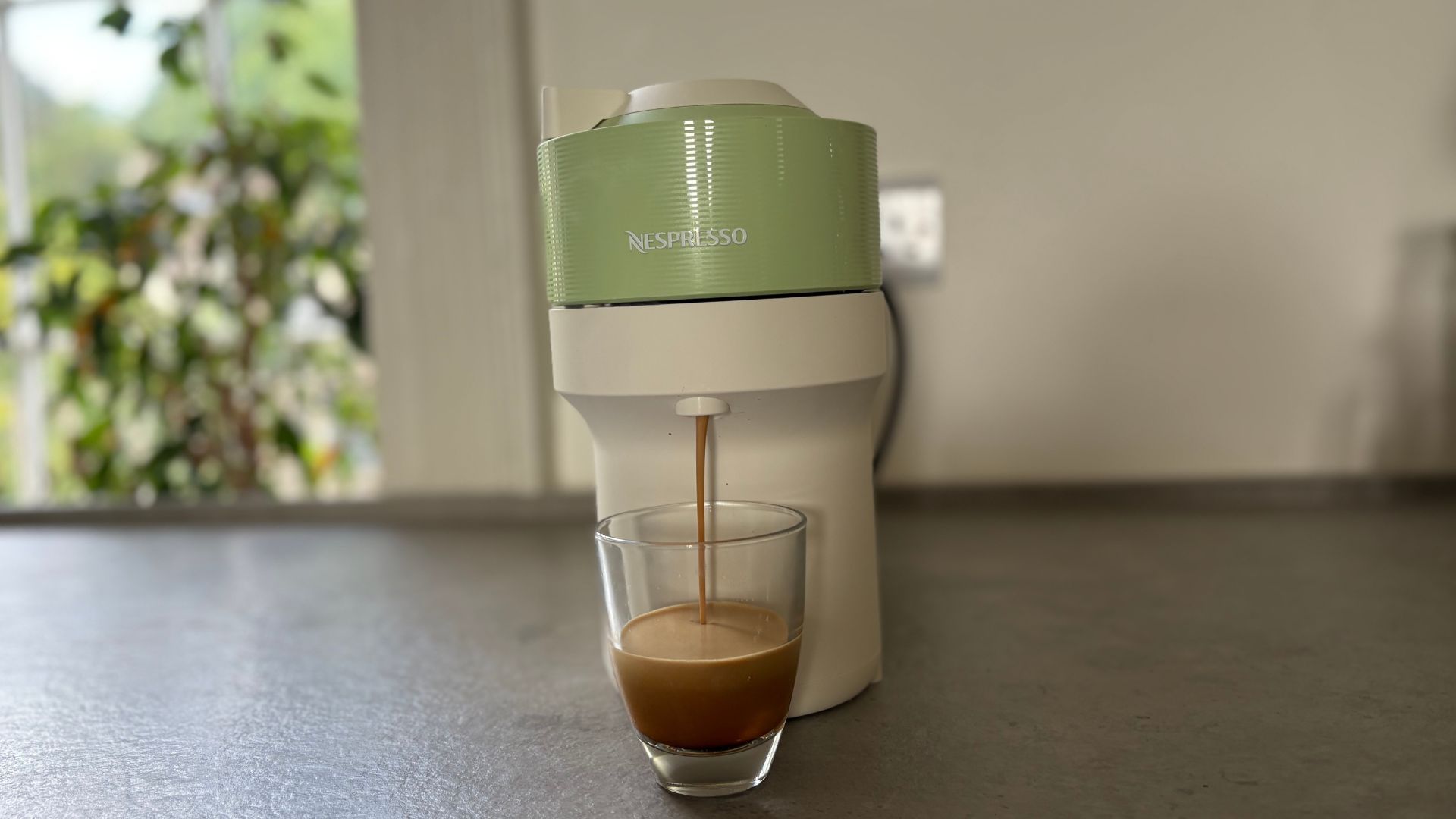 Espresso being brewed in the Nespresso Vertuo Pop Pistachio