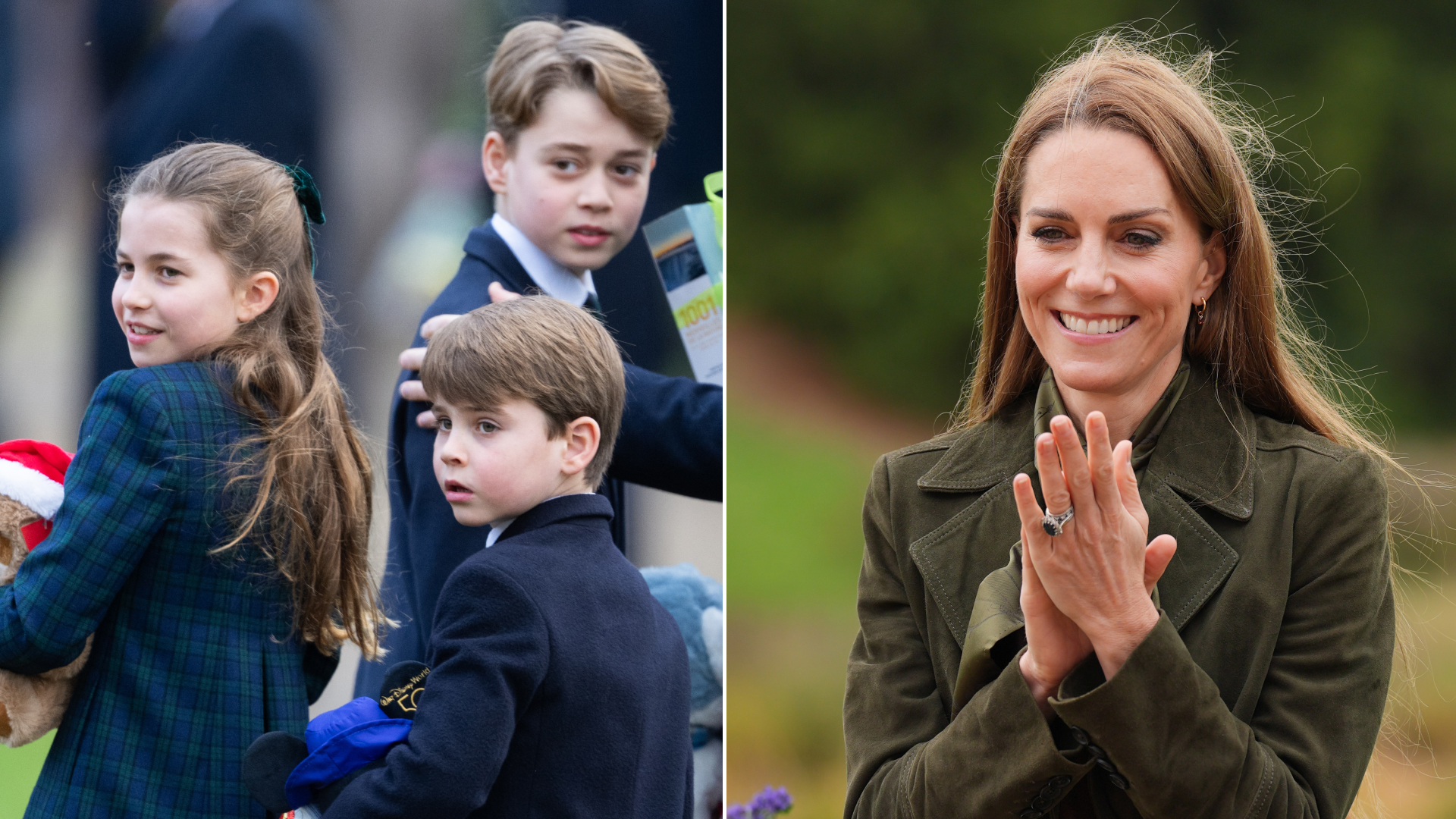 Princess Charlotte, Prince Louis, and Prince George look surprised while holding Christmas gifts, as their mom Kate Middleton looks happy