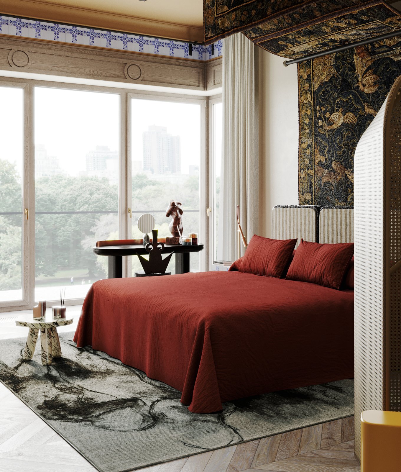 ornate bedroom with timber parquetry floors, a graphic rug, red bedding, a tapestry hanging overhead, large windows, and ceiling trim with blue tiles