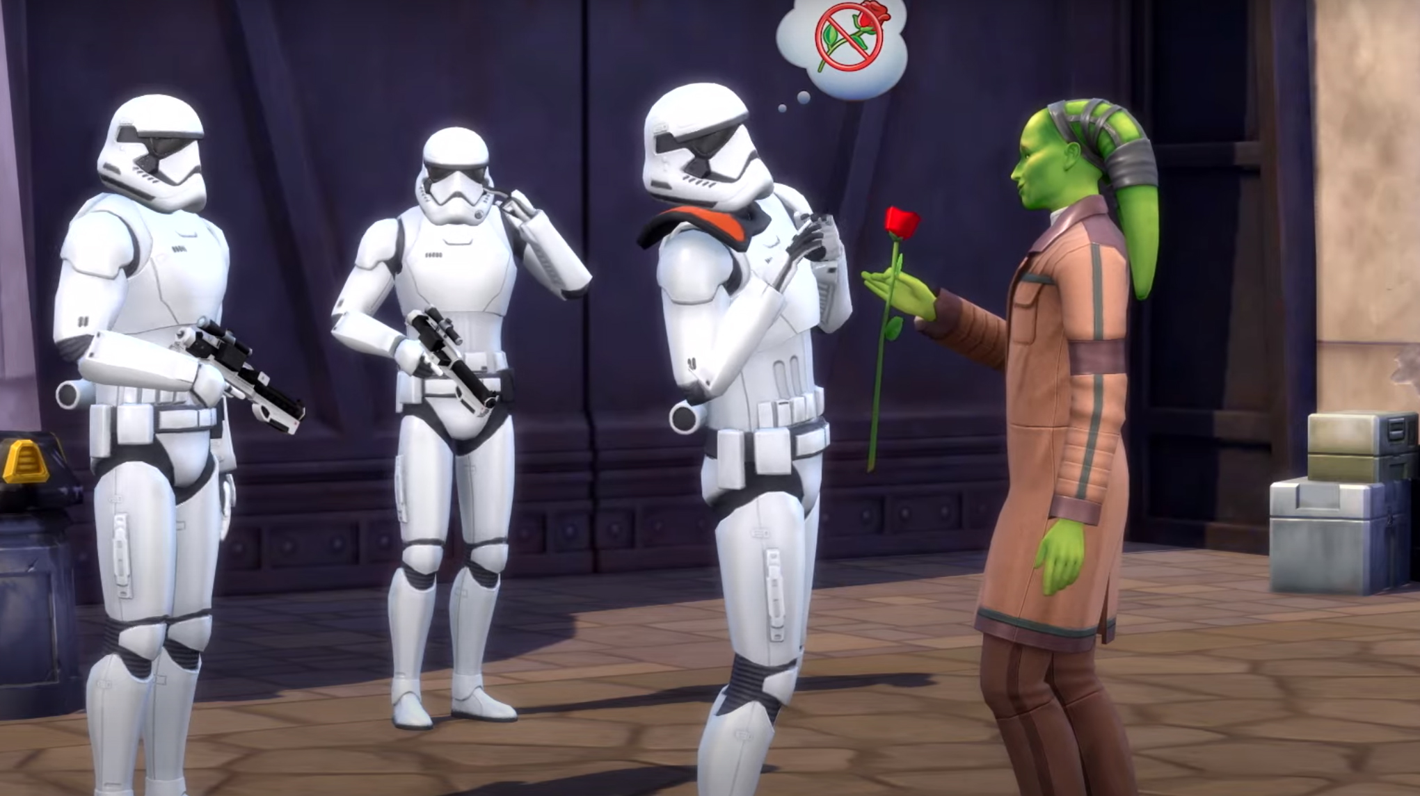 The Sims 4 Star Wars pack - a green Twi-lek gives a flower to stormtroopers
