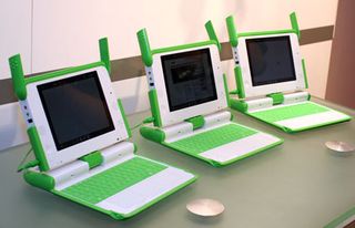 The green and white OLPC laptops were seen at the Marvell booth. Marvell makes the wireless chips for the project.