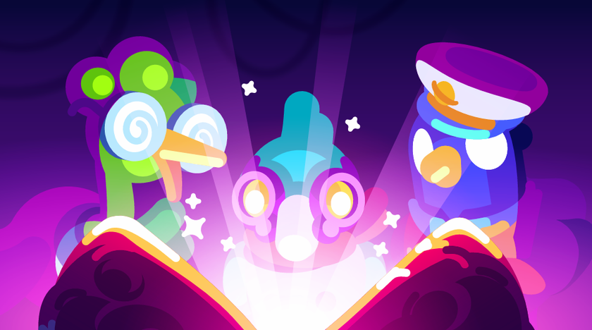 Astronaut birds gaze lovingly at some kind of shining artefact.