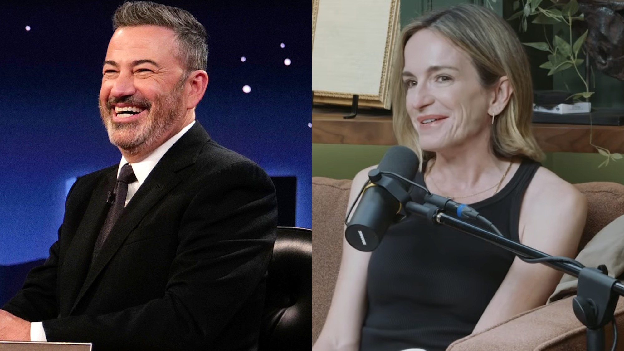 Jimmy Kimmel smiles on Jimmy Kimmel Live!, while Molly McNearney speaks on Armchair Expert.
