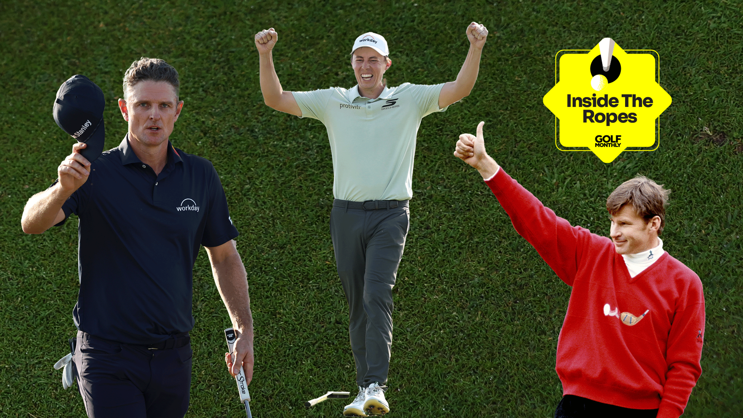 Cut outs of Justin Rose (left), Matt Fitzpatrick (centre) and Nick Faldo (right) with the Inside The Ropes sticker in the top-right corner
