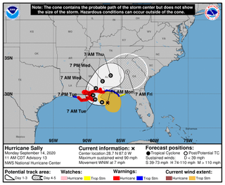 A map shows the range of possible paths for the center of Hurricane Sally, though the National Hurricane center said it's still uncertain what direction the storm will go.