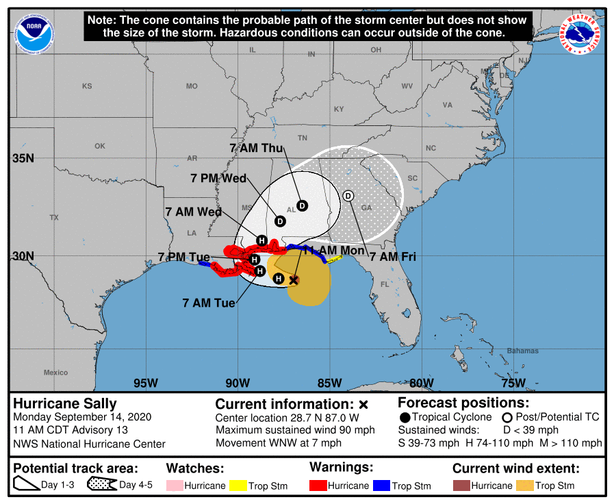 A map shows the range of possible paths for the center of Hurricane Sally, though the National Hurricane center said it&#039;s still uncertain what direction the storm will go.