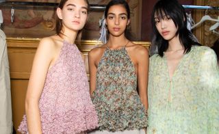 Models wear floral tops in pink, brown and green