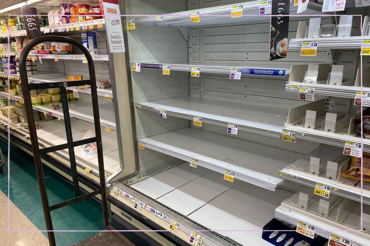 Emoty supermarket shelves next to a sign saying &#039;Eggs&#039;