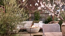 fire pit with garden sofa, cushions and throws, shrubs and tree with blossom, and a table and chair