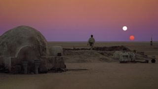 A scene from Star Wars showing the Tatooine sunset(s).