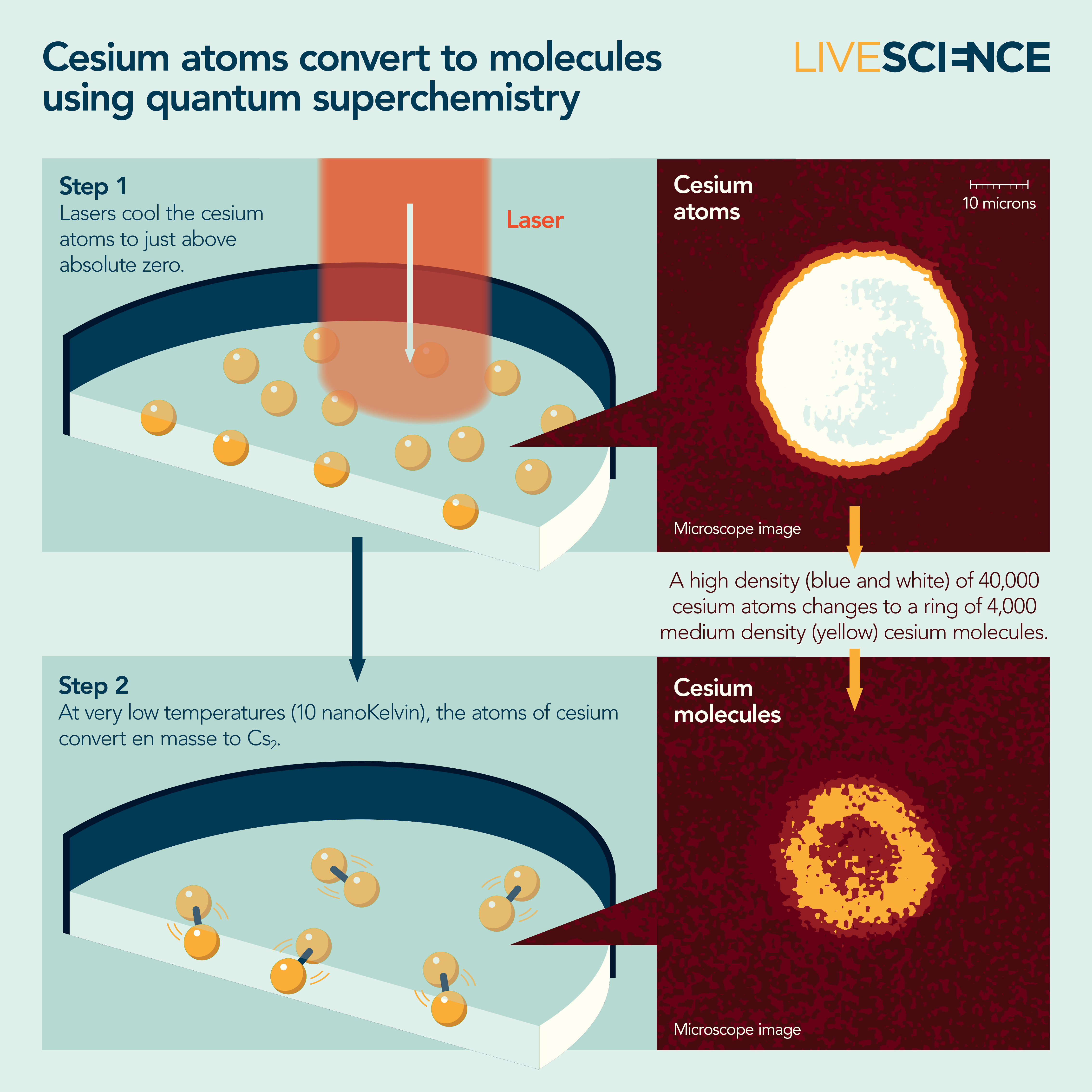 Infographic of quantum superchemistry, with cesium atoms changing to cesium molecules