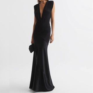 black maxi dress with plunge neckline